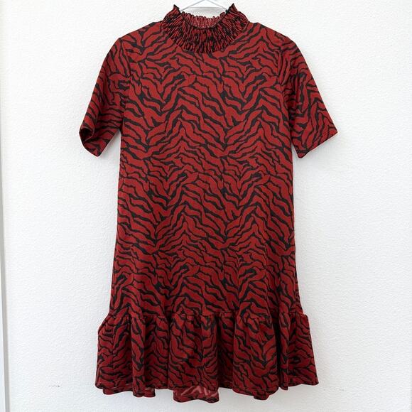 ZARA Animal Print Mini Dress Red Black Short Sleeve Smocked Neck Drop Waist S - Picture 1 of 6